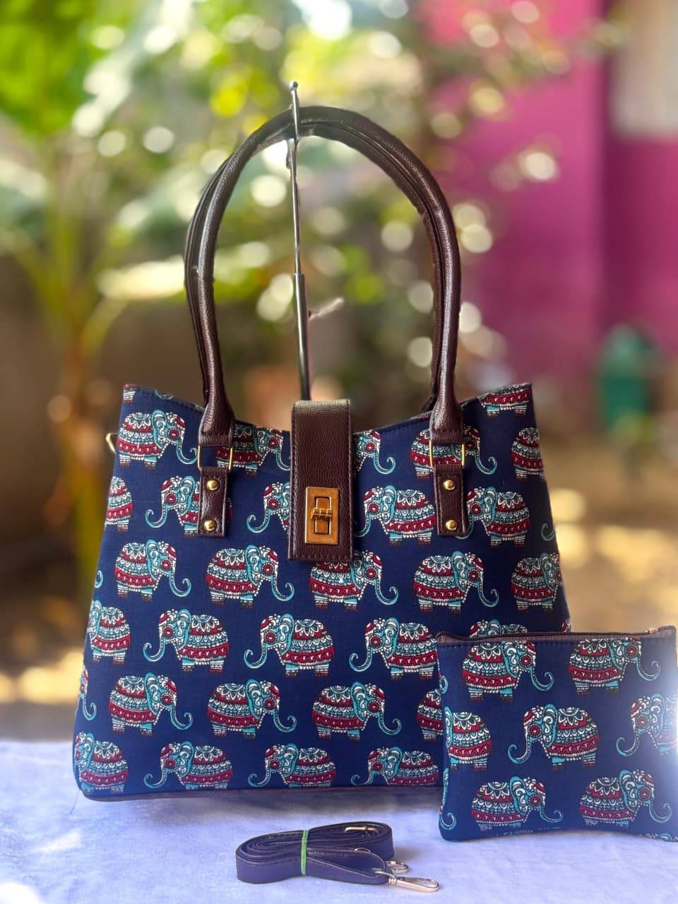 Navy Blue Elephant Motif Print Double Partition Tote Bag